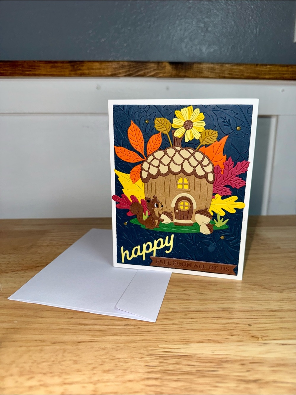 Happy Fall from All of Us Acorn Squirrel Card– Handmade Greeting Card